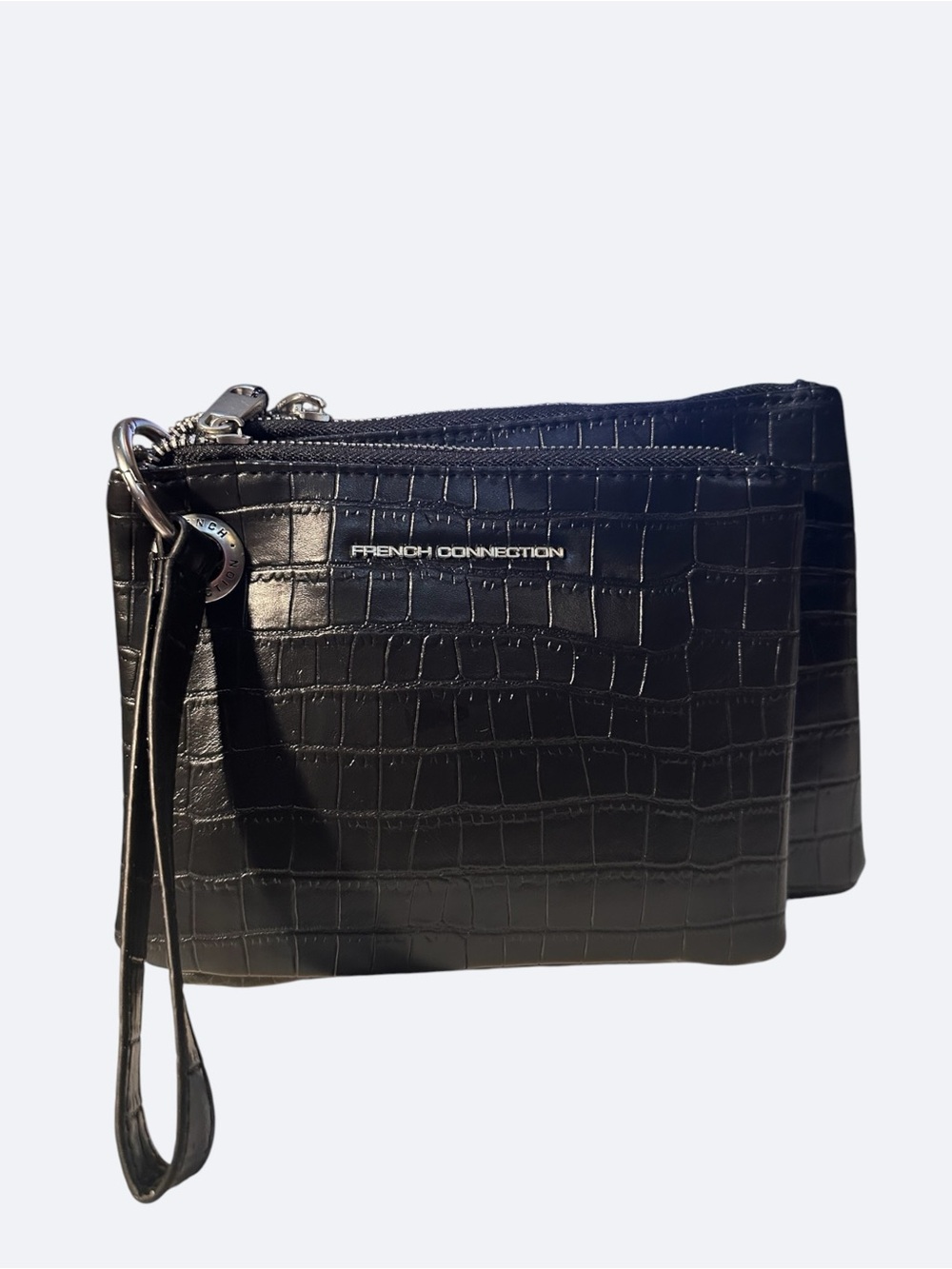 French Connection Dale Croco Double Pouch Black Wristlet
